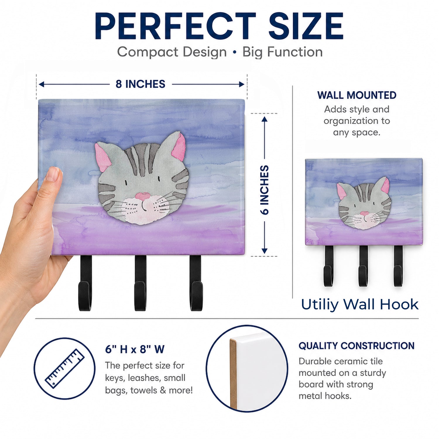 Cat Face Watercolor Leash or Key Holder Wall Hooks, Coat Rack Wall Mount, for Hanging Keys, Towels, Aprons, Leashes