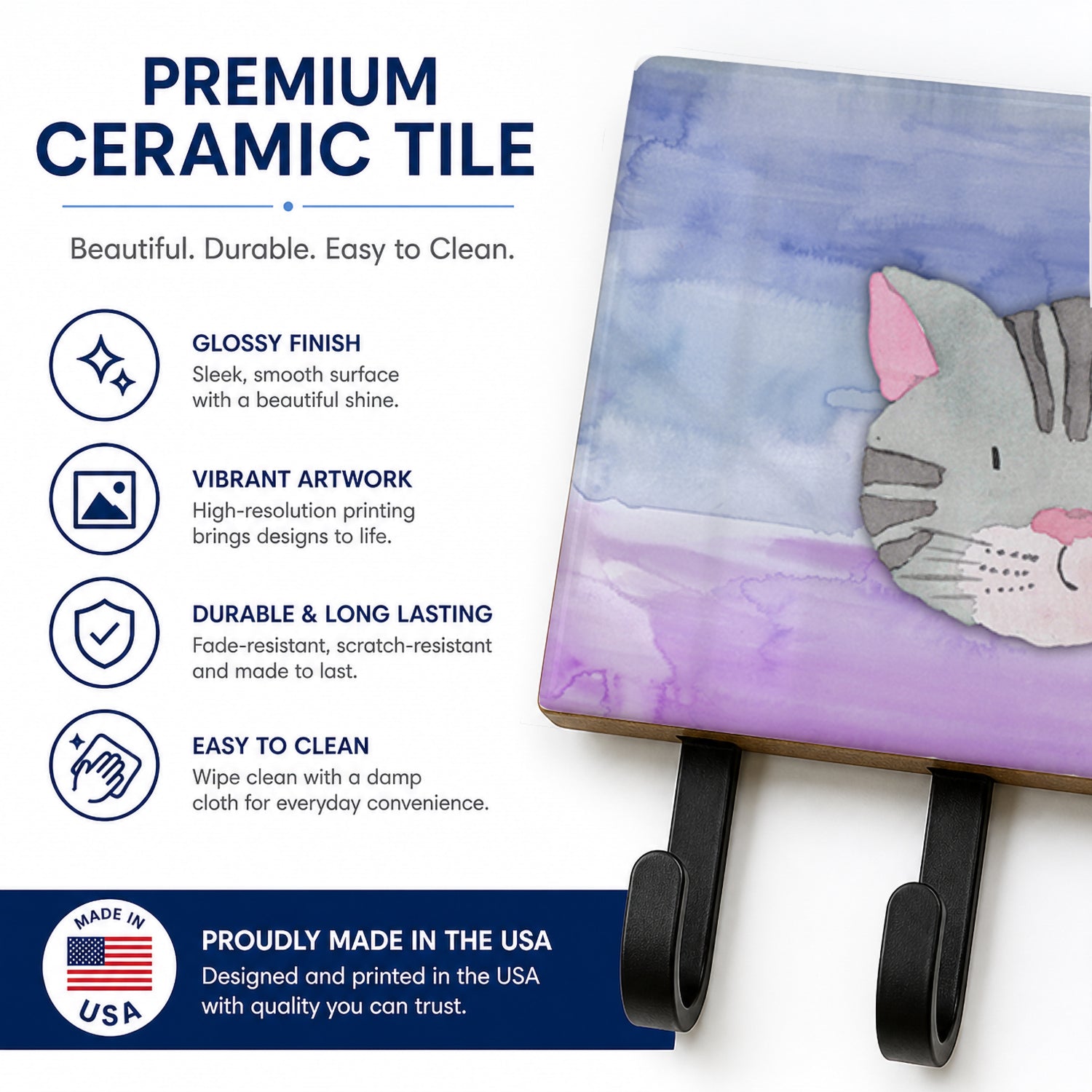 Cat Face Watercolor Leash or Key Holder Wall Hooks, Coat Rack Wall Mount, for Hanging Keys, Towels, Aprons, Leashes