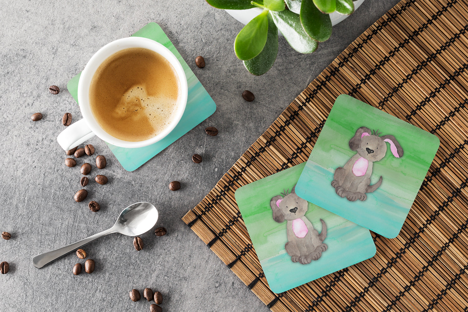 Dog Teal and Green Watercolor Foam Coasters Set of 4 Cup Coasters for Indoor Outdoor, Tabletop Protection, Anti Slip, Mouse pad Material