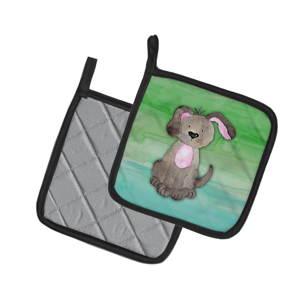 Dog Teal and Green Watercolor Pot Holder Set of 2 Heat Resistant Quilted Hot Pads 7.5 x 7.5 Inch, Insulated Kitchen Trivets for Cooking & Baking