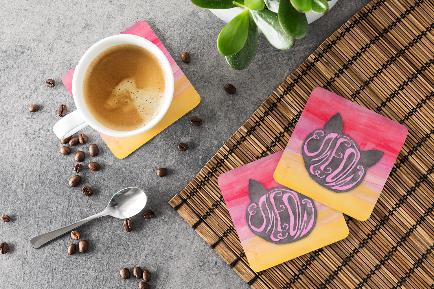 Cat Face Meow Watercolor Foam Coasters Set of 4 Cup Coasters for Indoor Outdoor, Tabletop Protection, Anti Slip, Mouse pad Material