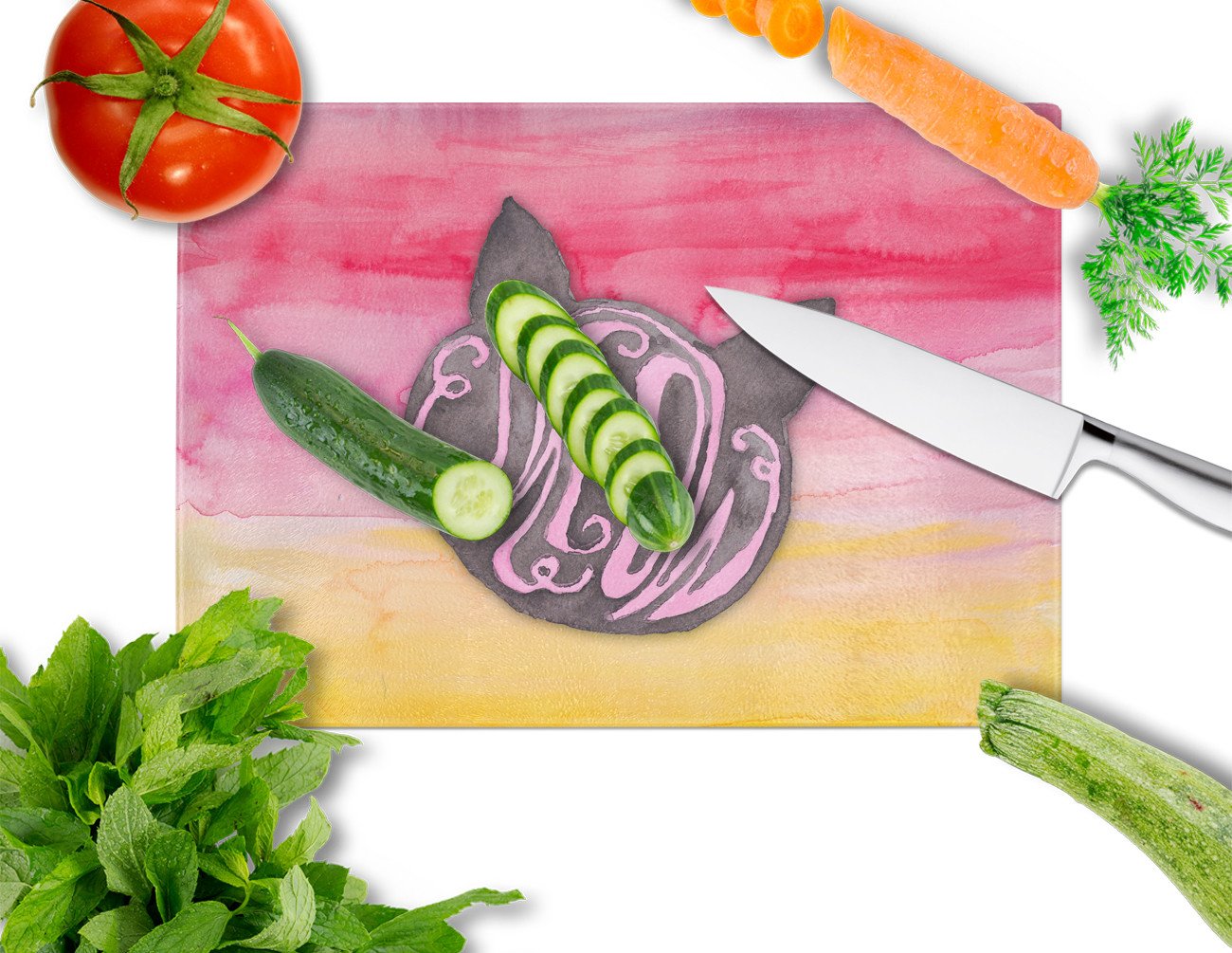 Cat Face Meow Watercolor Cutting Board Tempered Glass Kitchen Cutting Surface, Heat Resistant Chopping, Non-Slip Feet, Food Prep & Serving