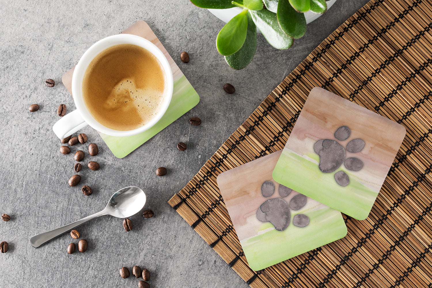 Dog Paw Watercolor Foam Coasters Set of 4 Cup Coasters for Indoor Outdoor, Tabletop Protection, Anti Slip, Mouse pad Material