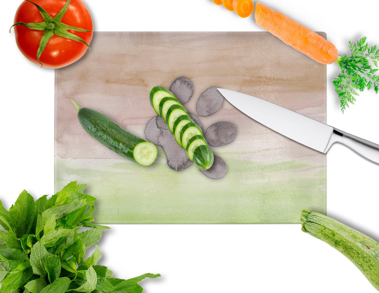 Dog Paw Watercolor Cutting Board Tempered Glass Kitchen Cutting Surface, Heat Resistant Chopping, Non-Slip Feet, Food Prep & Serving