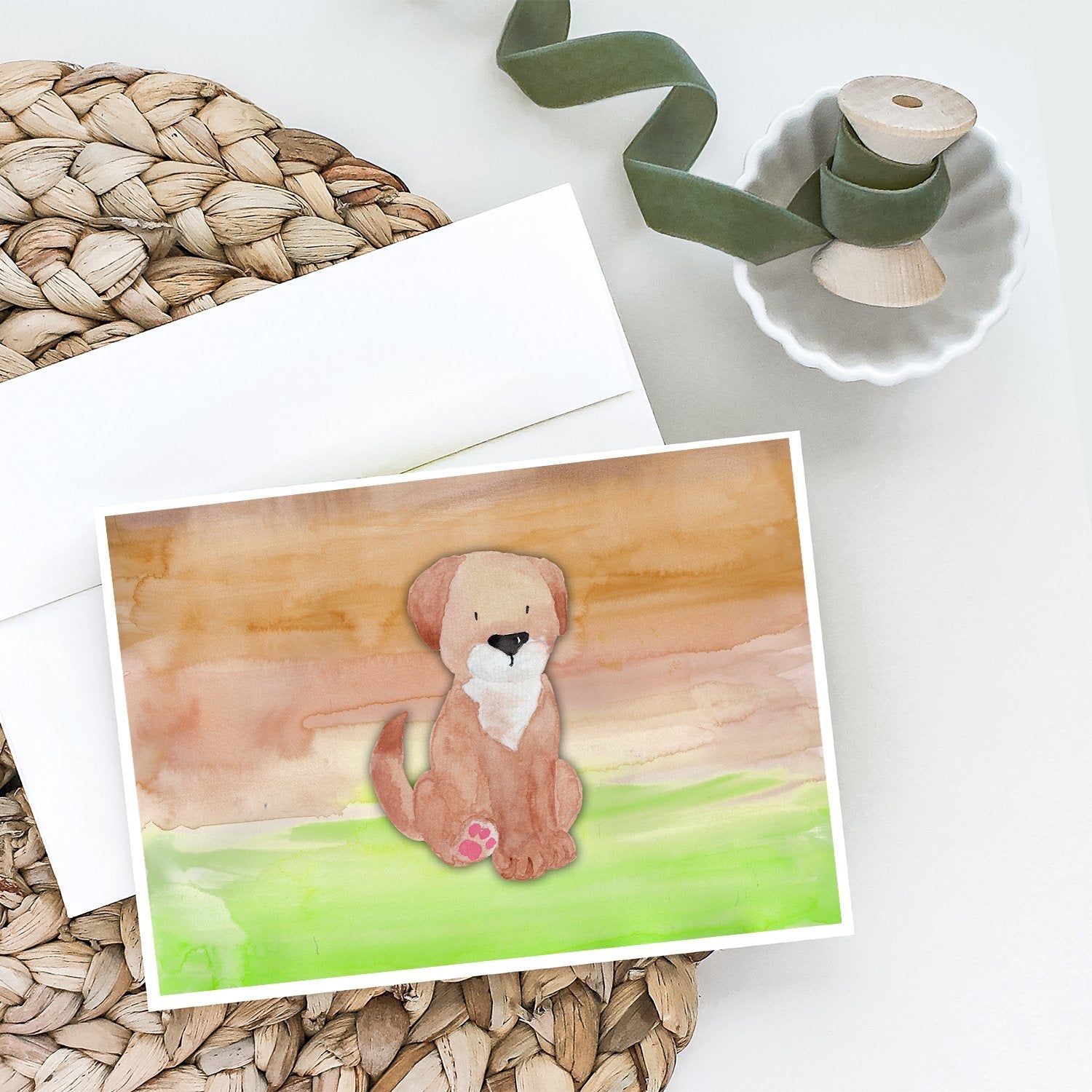 Dog Green and Brown Watercolor Greeting Cards Pack of 8 Blank Cards with Envelopes Whimsical A7 Size 5x7