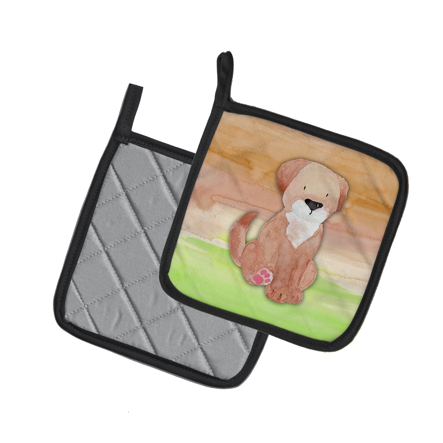Dog Green and Brown Watercolor Pot Holder Set of 2 Heat Resistant Quilted Hot Pads 7.5 x 7.5 Inch, Insulated Kitchen Trivets for Cooking & Baking
