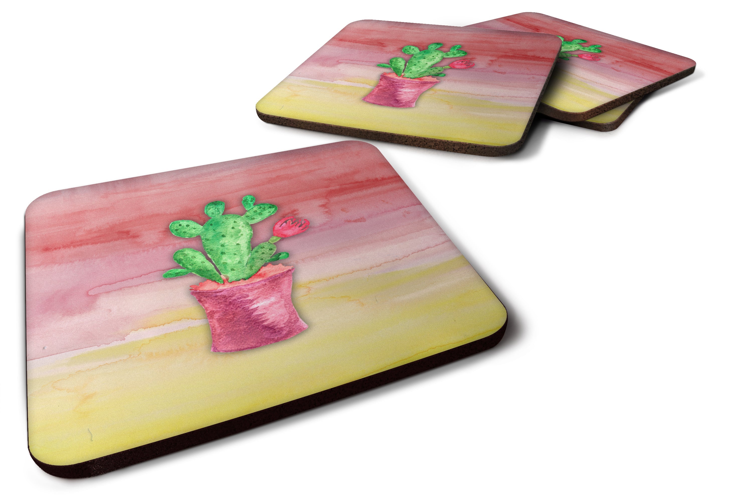 Flowering Cactus Watercolor Foam Coasters Set of 4 Cup Coasters for Indoor Outdoor, Tabletop Protection, Anti Slip, Mouse pad Material