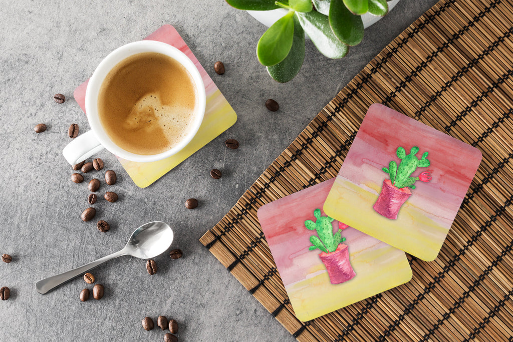 Flowering Cactus Watercolor Foam Coasters Set of 4 Cup Coasters for Indoor Outdoor, Tabletop Protection, Anti Slip, Mouse pad Material