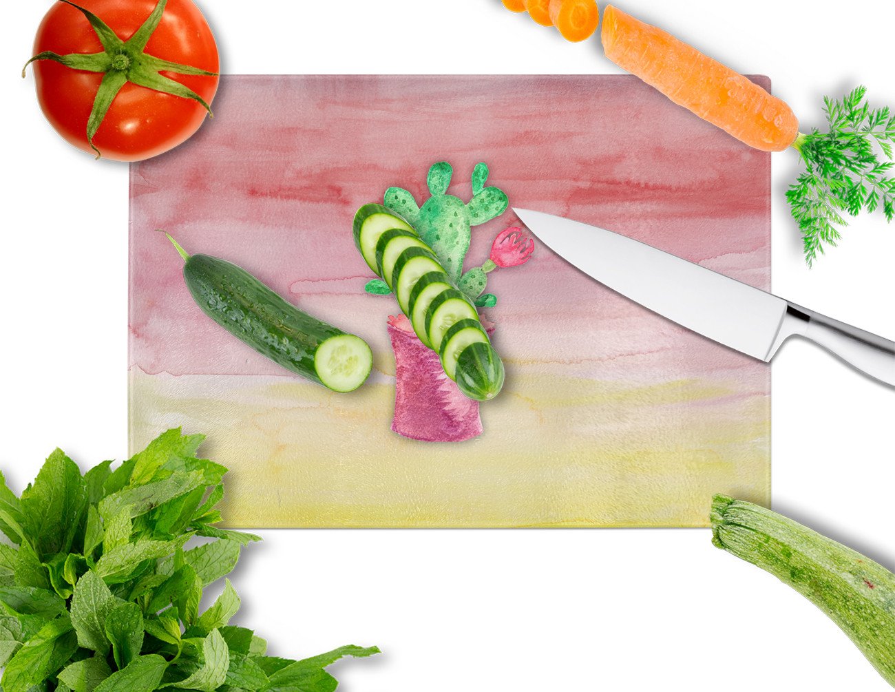 Flowering Cactus Watercolor Cutting Board Tempered Glass Kitchen Cutting Surface, Heat Resistant Chopping, Non-Slip Feet, Food Prep & Serving