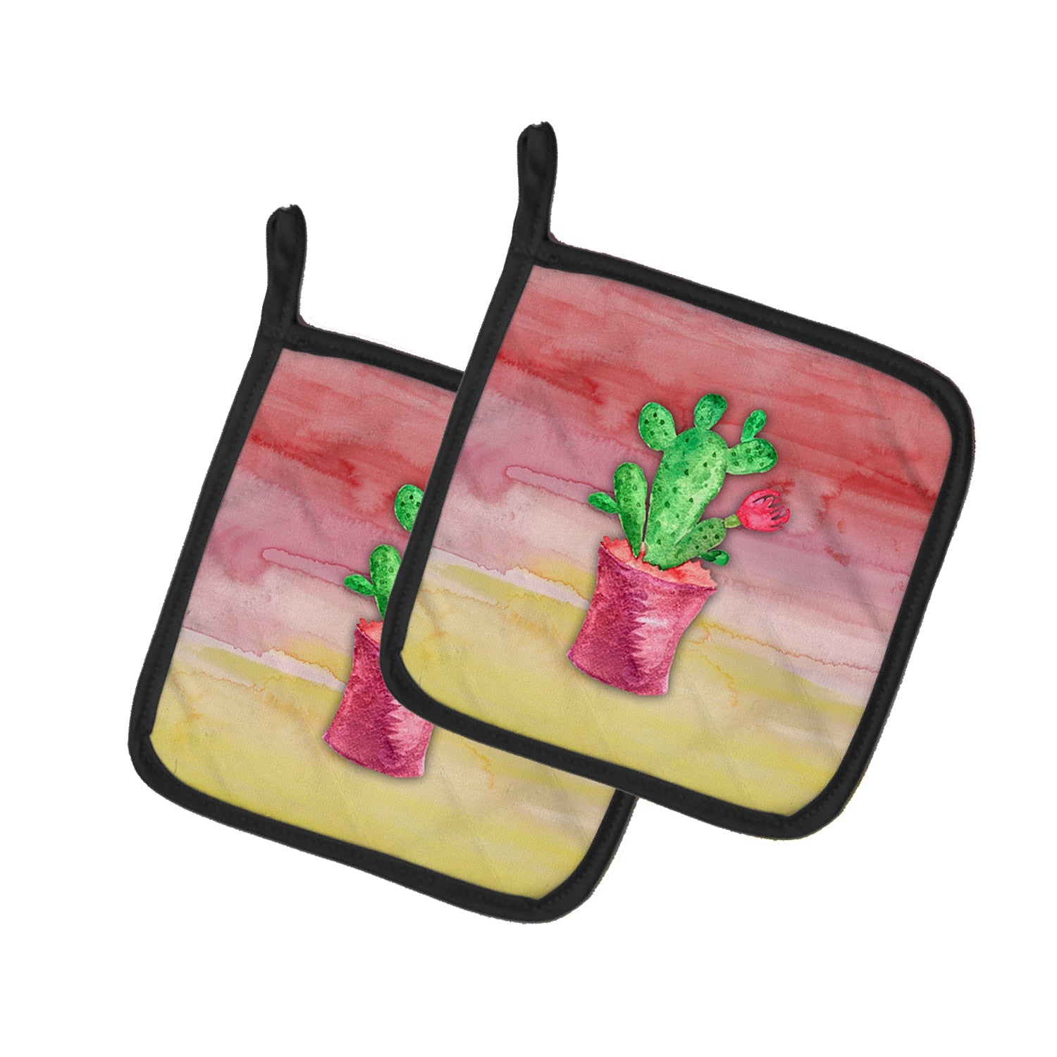 Flowering Cactus Watercolor Pot Holder Set of 2 Heat Resistant Quilted Hot Pads 7.5 x 7.5 Inch, Insulated Kitchen Trivets for Cooking & Baking