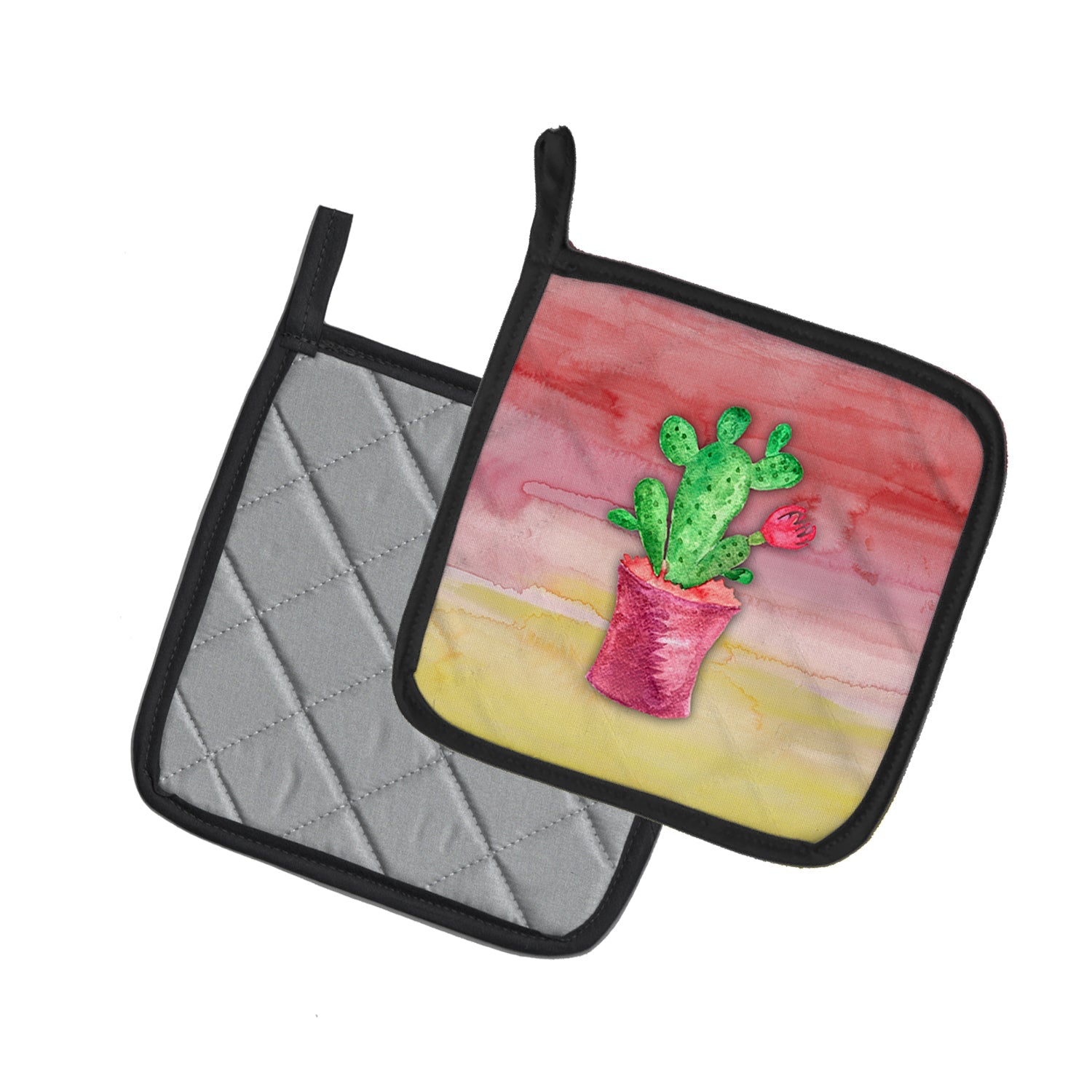 Flowering Cactus Watercolor Pot Holder Set of 2 Heat Resistant Quilted Hot Pads 7.5 x 7.5 Inch, Insulated Kitchen Trivets for Cooking & Baking