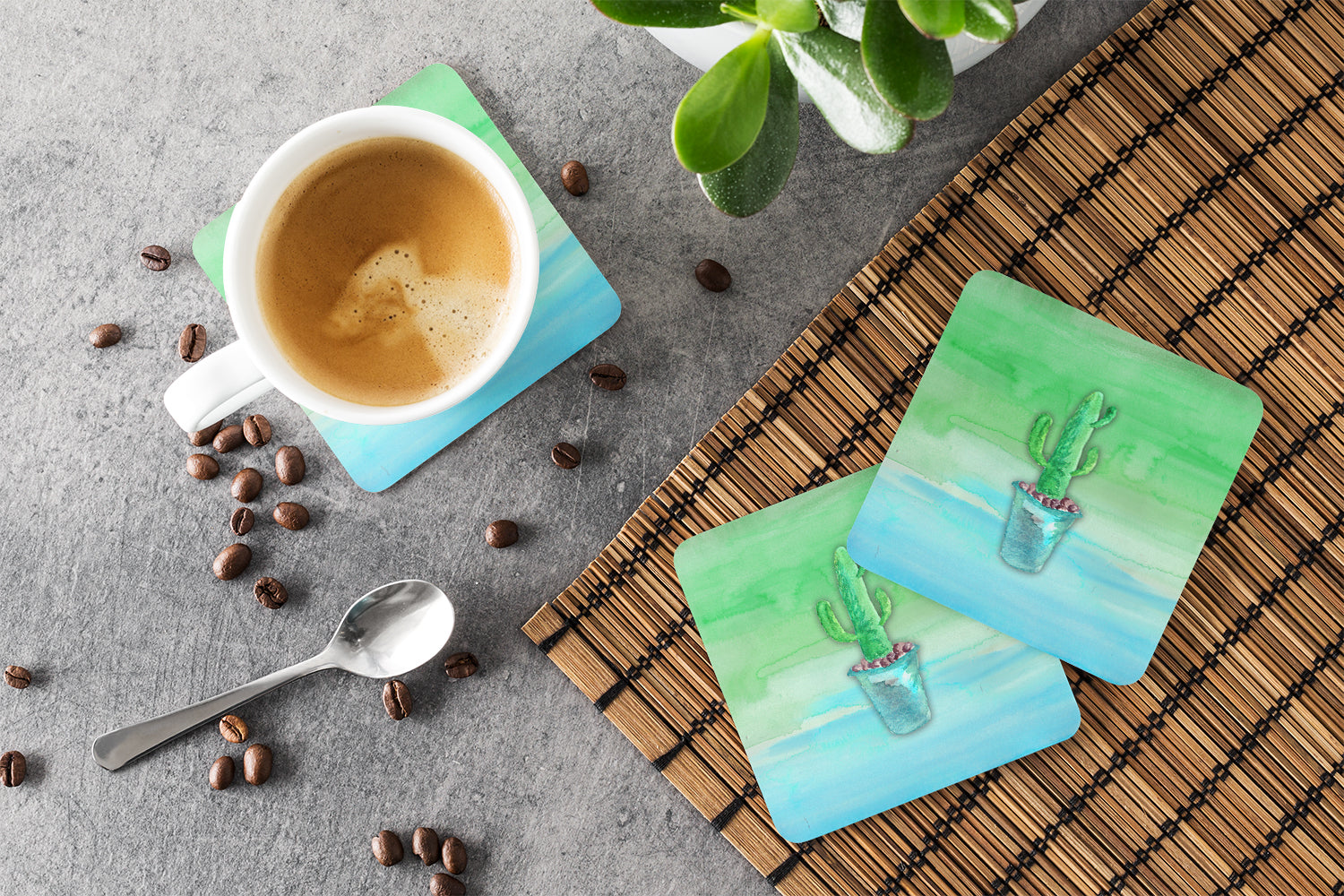 Cactus Teal and Green Watercolor Foam Coasters Set of 4 Cup Coasters for Indoor Outdoor, Tabletop Protection, Anti Slip, Mouse pad Material