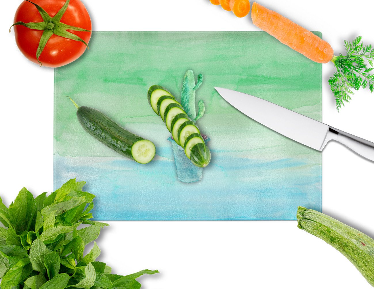 Cactus Teal and Green Watercolor Cutting Board Tempered Glass Kitchen Cutting Surface, Heat Resistant Chopping, Non-Slip Feet, Food Prep & Serving