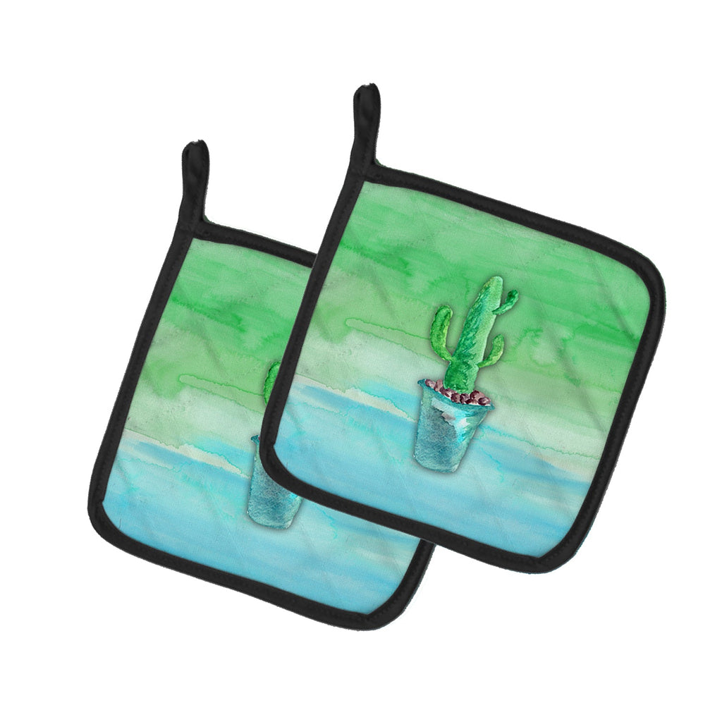 Cactus Teal and Green Watercolor Pot Holder Set of 2 Heat Resistant Quilted Hot Pads 7.5 x 7.5 Inch, Insulated Kitchen Trivets for Cooking & Baking