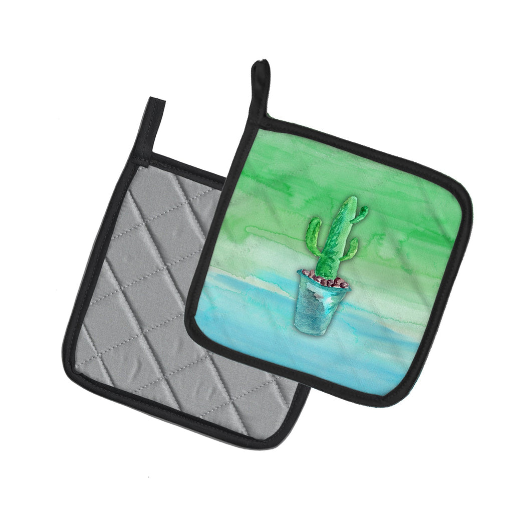 Cactus Teal and Green Watercolor Pot Holder Set of 2 Heat Resistant Quilted Hot Pads 7.5 x 7.5 Inch, Insulated Kitchen Trivets for Cooking & Baking