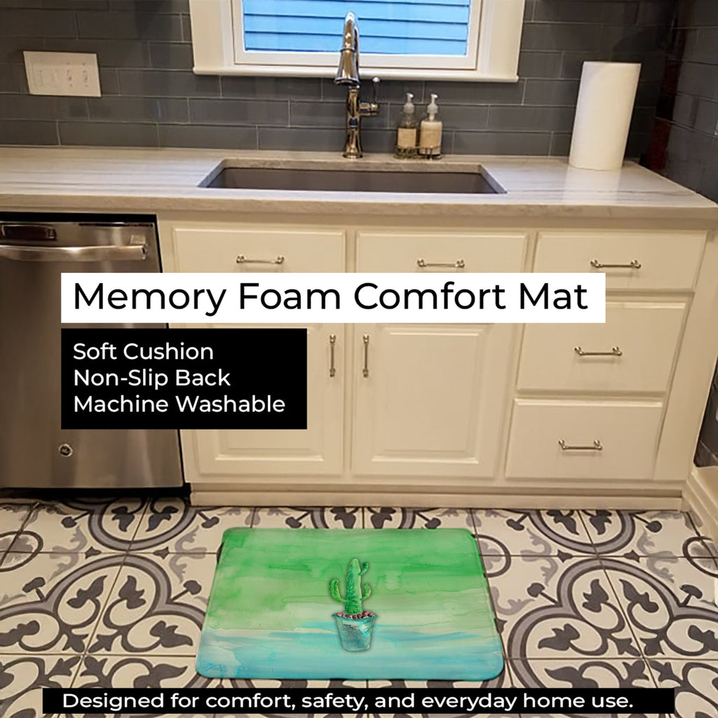 Cactus Teal and Green Watercolor Memory Foam Kitchen Mat Machine Washable Anti-Fatigue Cushion Comfort Bath or Kitchen Rug