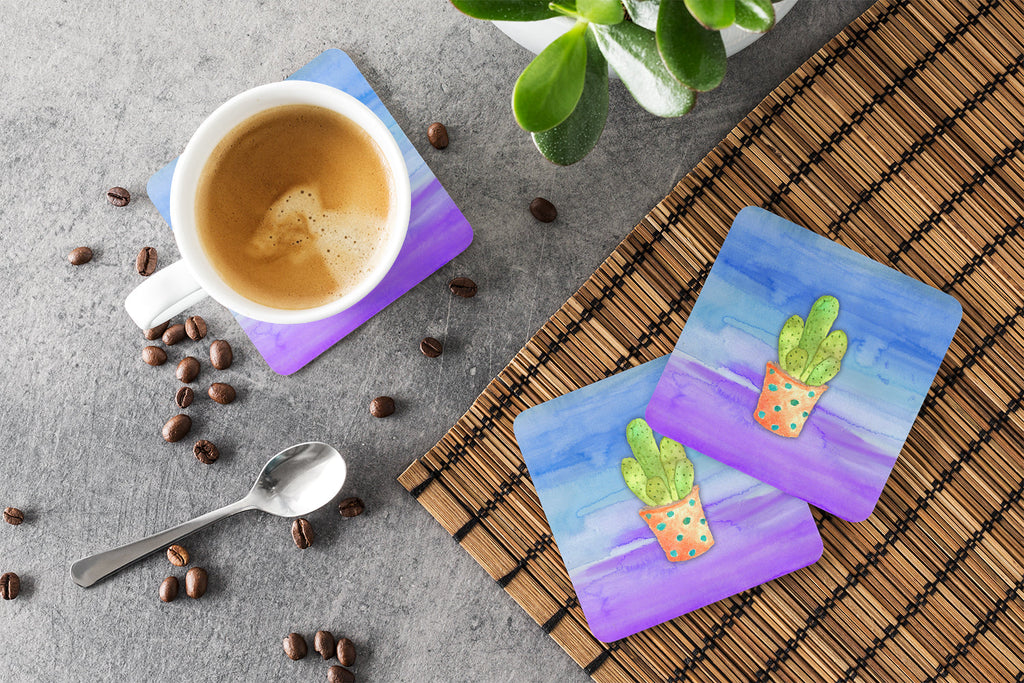 Cactus Blue and Purple Watercolor Foam Coasters Set of 4 Cup Coasters for Indoor Outdoor, Tabletop Protection, Anti Slip, Mouse pad Material