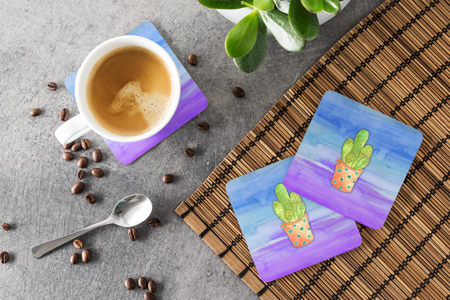 Cactus Blue and Purple Watercolor Foam Coasters Set of 4 Cup Coasters for Indoor Outdoor, Tabletop Protection, Anti Slip, Mouse pad Material
