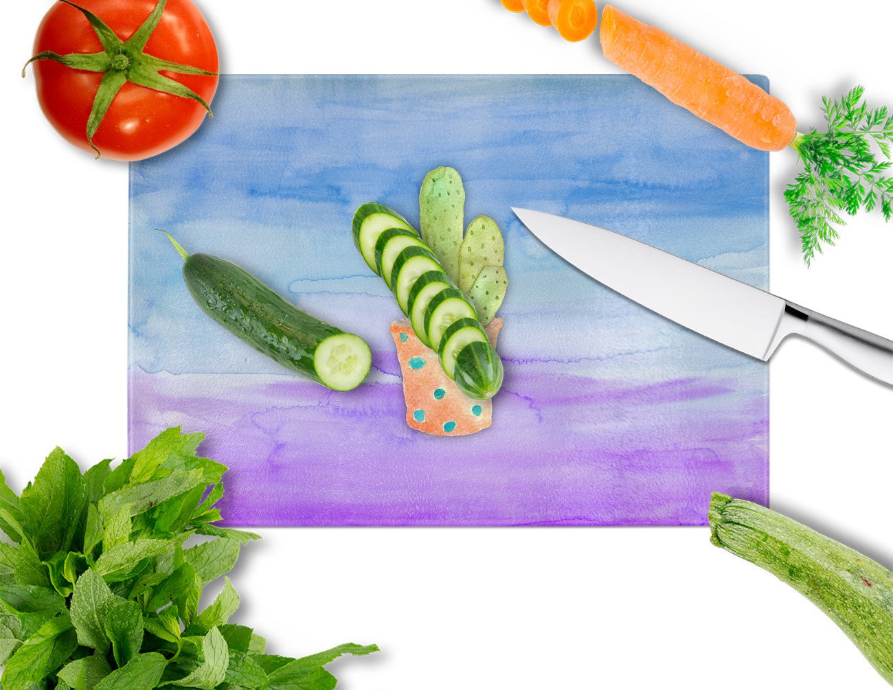 Cactus Blue and Purple Watercolor Cutting Board Tempered Glass Kitchen Cutting Surface, Heat Resistant Chopping, Non-Slip Feet, Food Prep & Serving