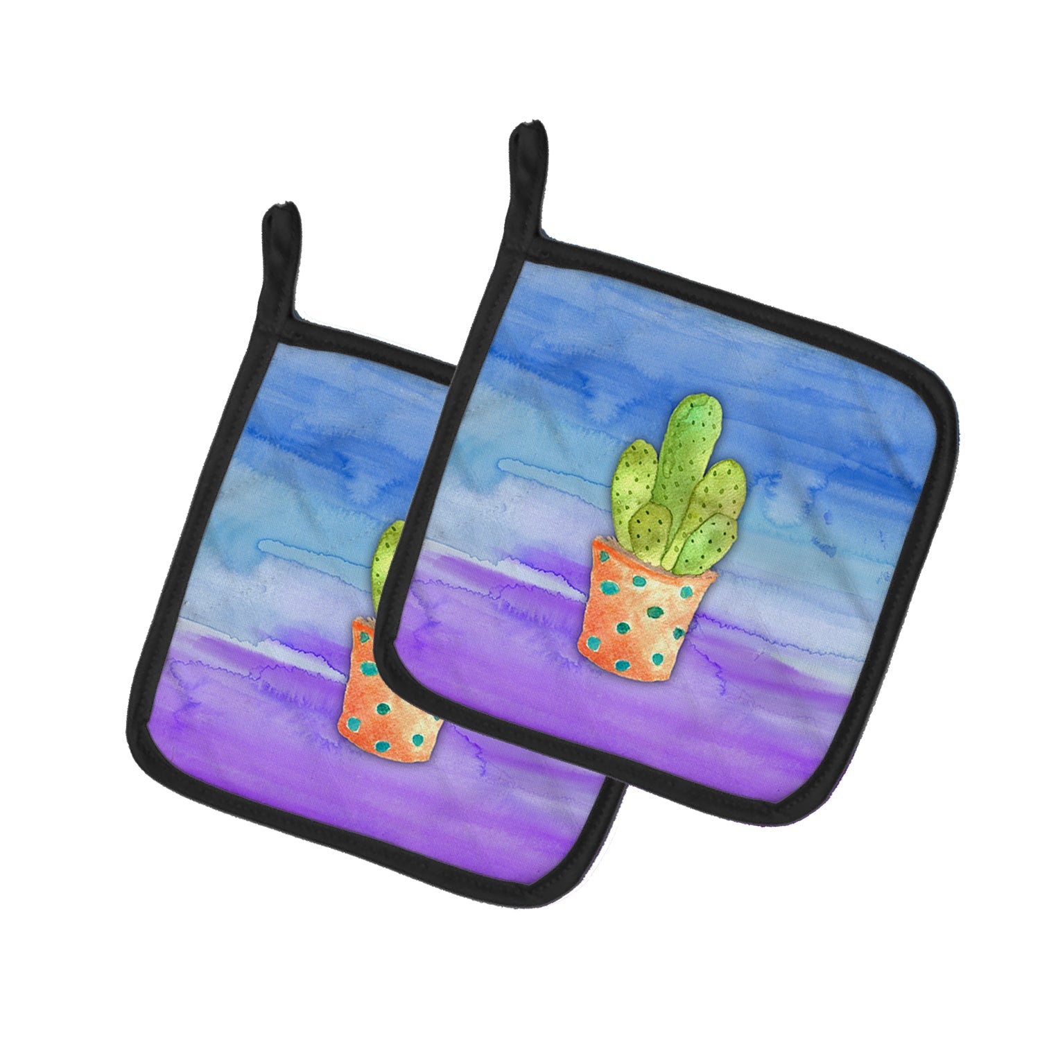 Cactus Blue and Purple Watercolor Pot Holder Set of 2 Heat Resistant Quilted Hot Pads 7.5 x 7.5 Inch, Insulated Kitchen Trivets for Cooking & Baking