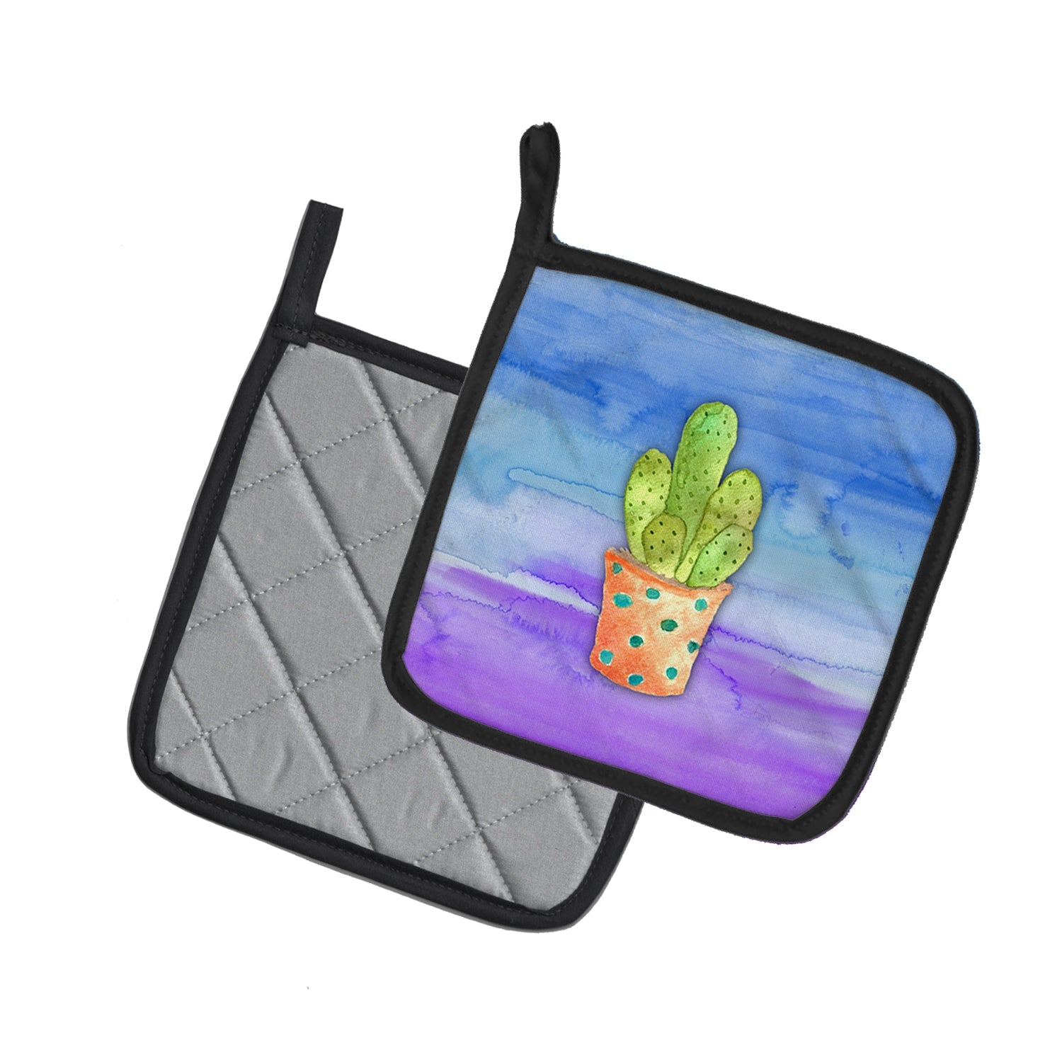 Cactus Blue and Purple Watercolor Pot Holder Set of 2 Heat Resistant Quilted Hot Pads 7.5 x 7.5 Inch, Insulated Kitchen Trivets for Cooking & Baking
