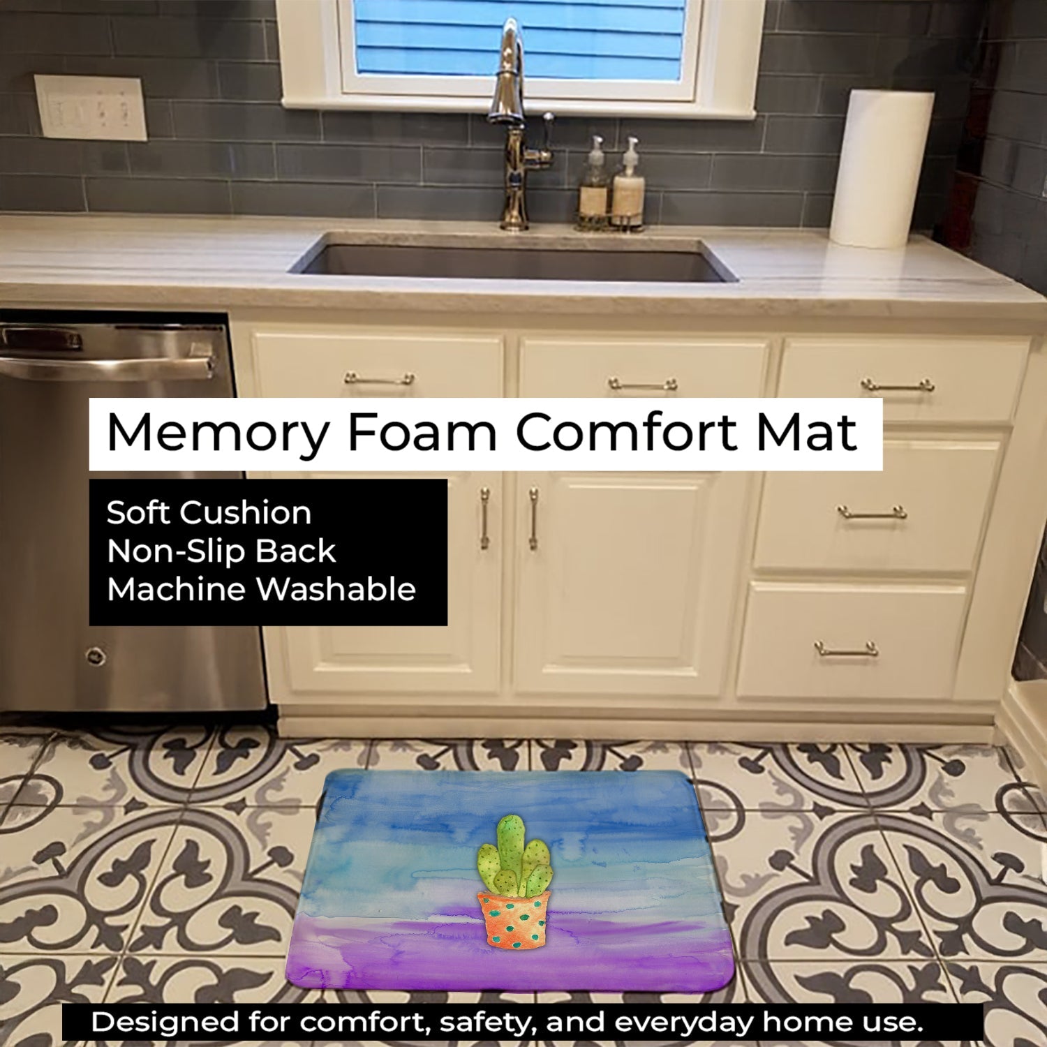 Cactus Blue and Purple Watercolor Memory Foam Kitchen Mat Machine Washable Anti-Fatigue Cushion Comfort Bath or Kitchen Rug