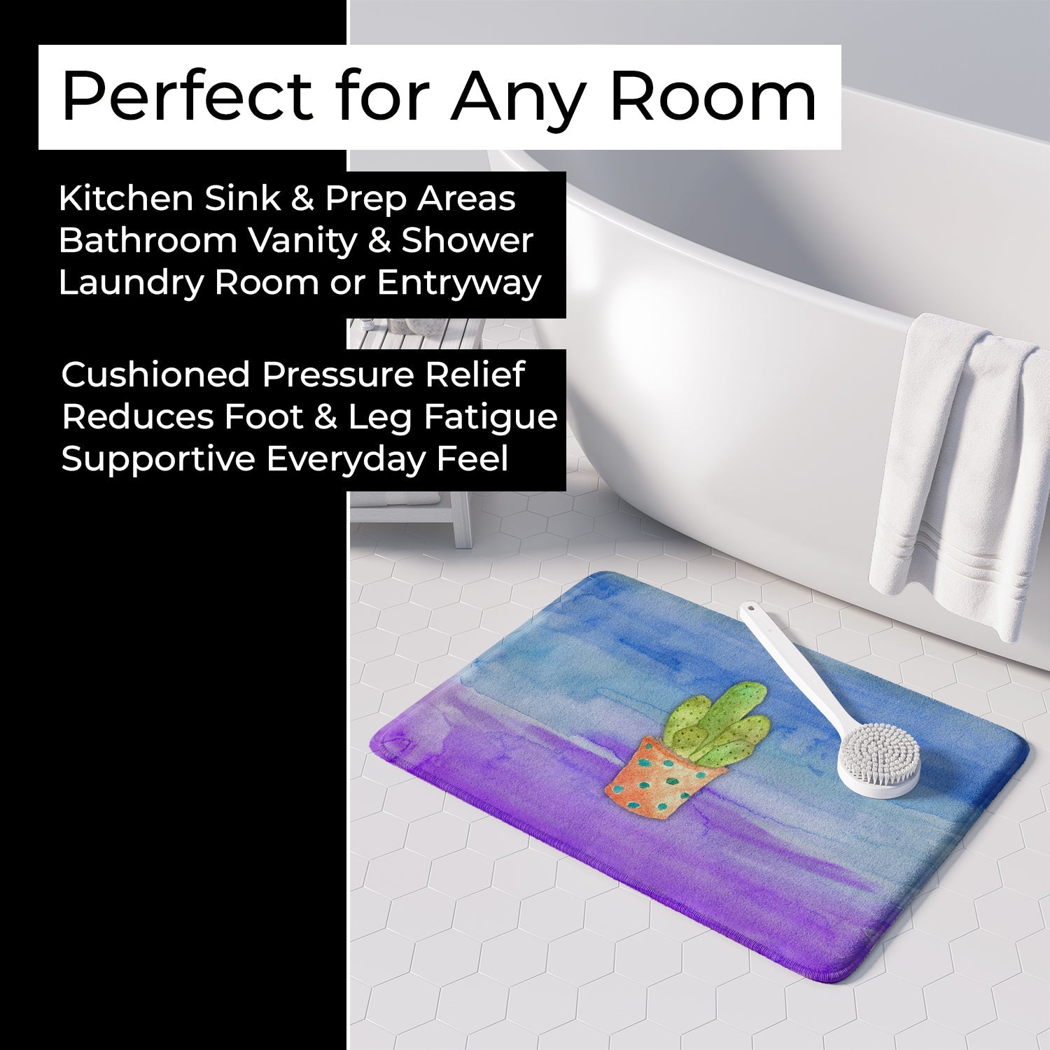 Cactus Blue and Purple Watercolor Memory Foam Kitchen Mat Machine Washable Anti-Fatigue Cushion Comfort Bath or Kitchen Rug