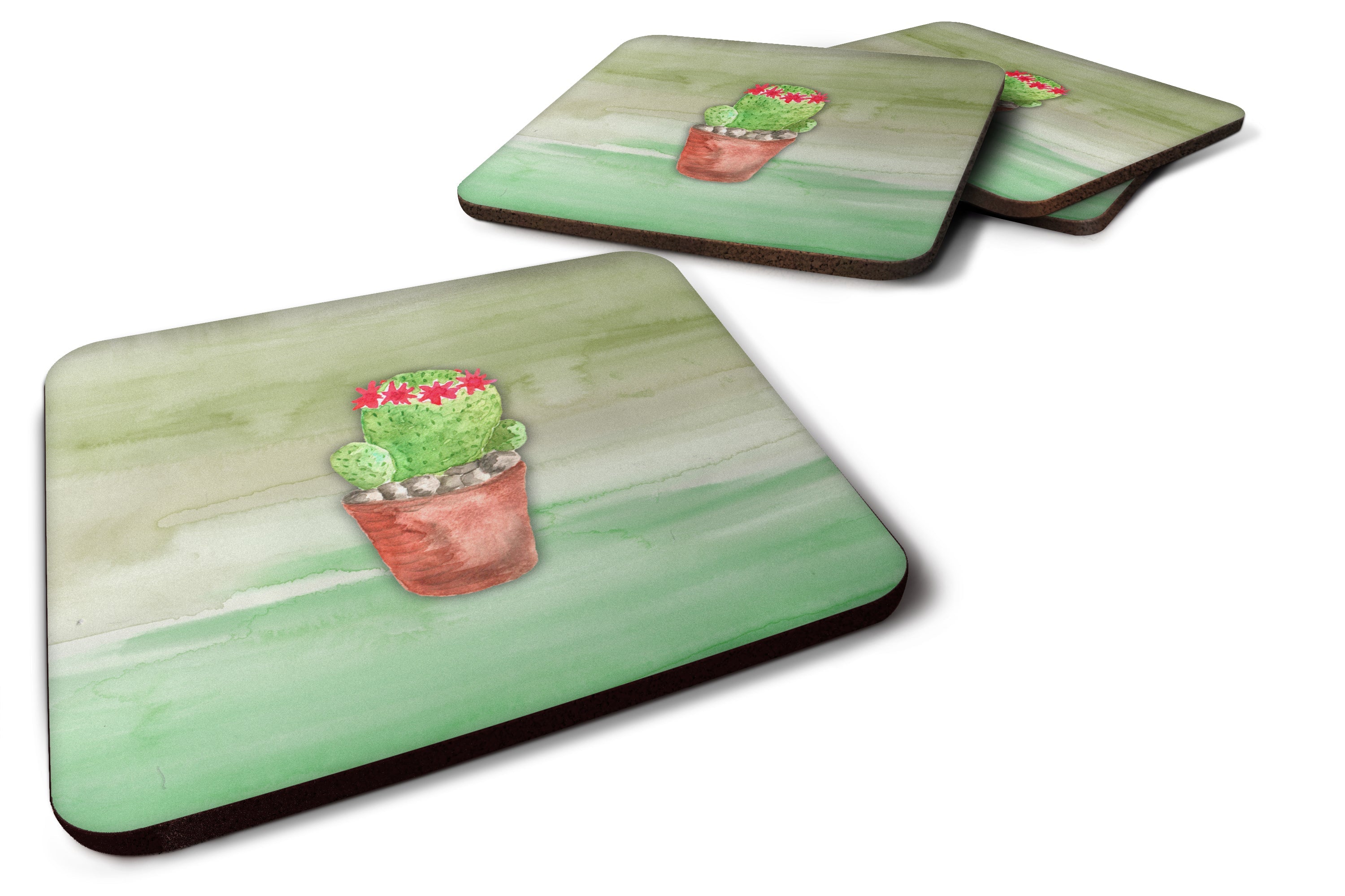 Cactus Green Watercolor Foam Coasters Set of 4 Cup Coasters for Indoor Outdoor, Tabletop Protection, Anti Slip, Mouse pad Material