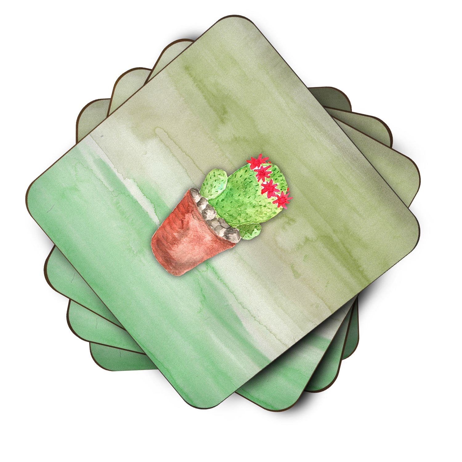 Cactus Green Watercolor Foam Coasters Set of 4 Cup Coasters for Indoor Outdoor, Tabletop Protection, Anti Slip, Mouse pad Material
