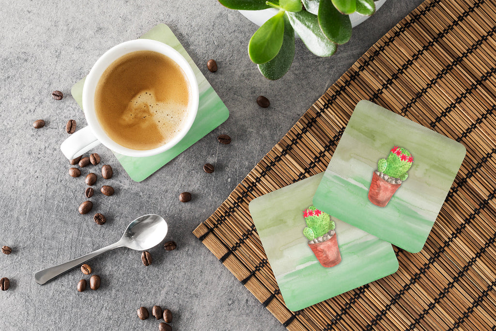 Cactus Green Watercolor Foam Coasters Set of 4 Cup Coasters for Indoor Outdoor, Tabletop Protection, Anti Slip, Mouse pad Material