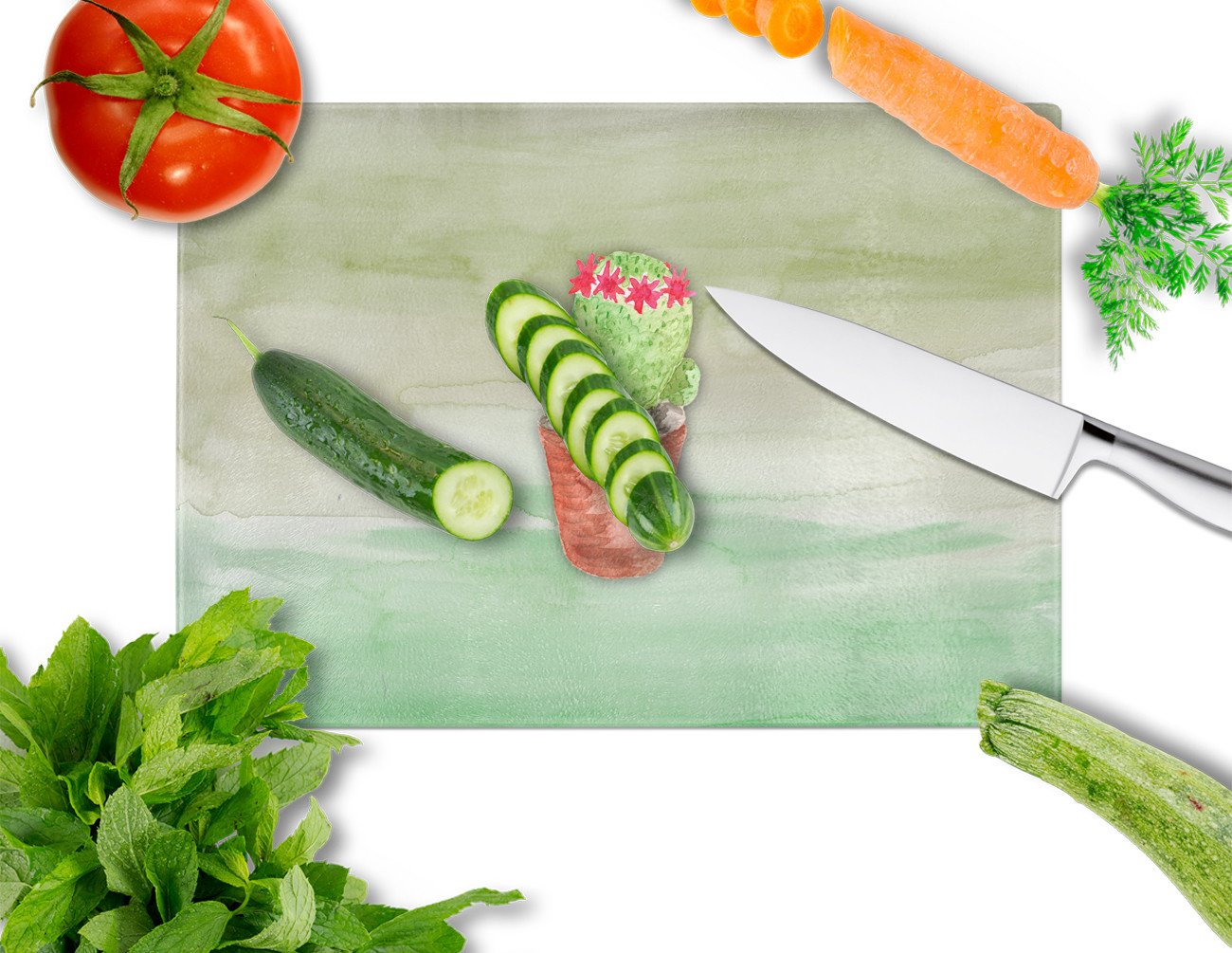 Cactus Green Watercolor Cutting Board Tempered Glass Kitchen Cutting Surface, Heat Resistant Chopping, Non-Slip Feet, Food Prep & Serving