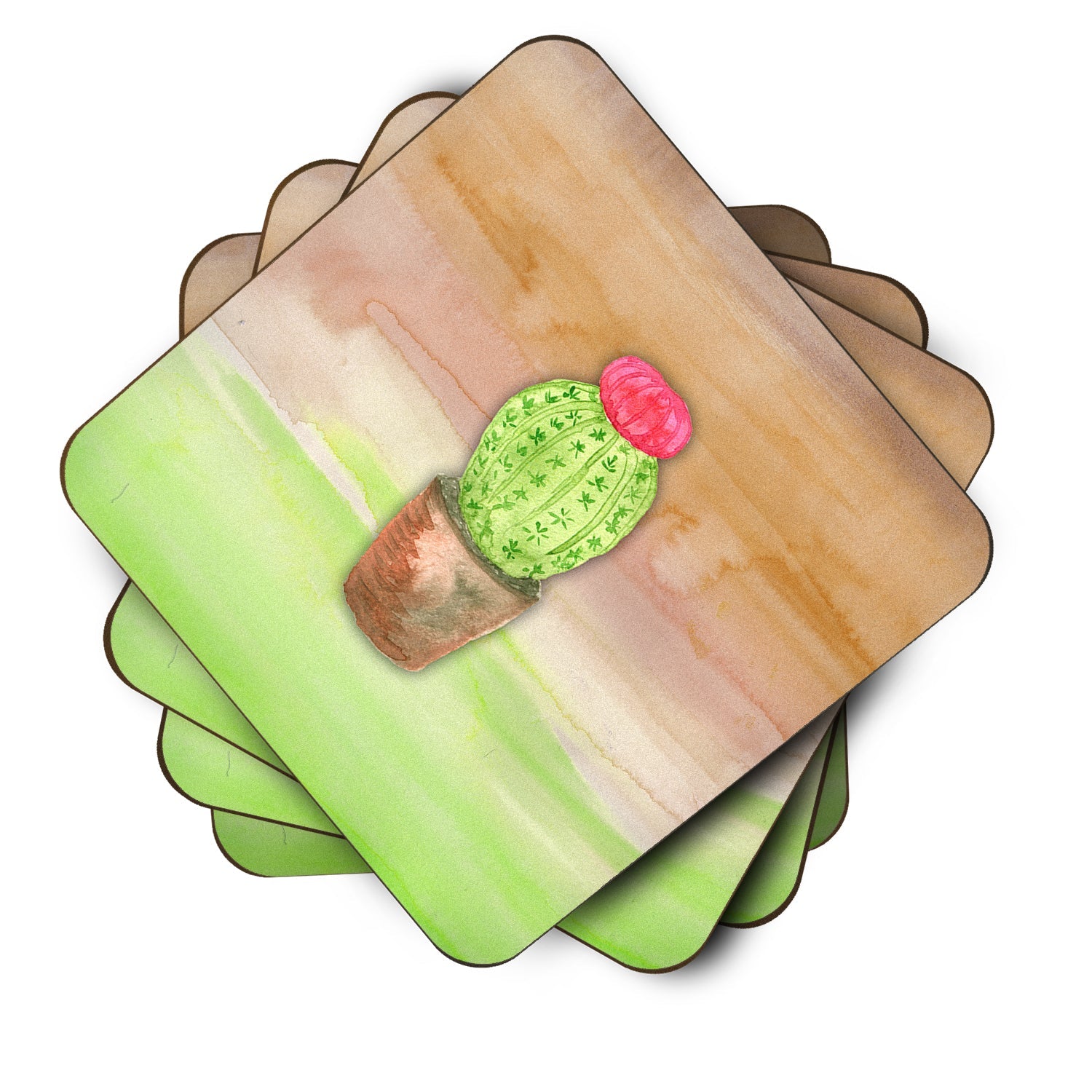 Cactus Green and Brown Watercolor Foam Coasters Set of 4 Cup Coasters for Indoor Outdoor, Tabletop Protection, Anti Slip, Mouse pad Material