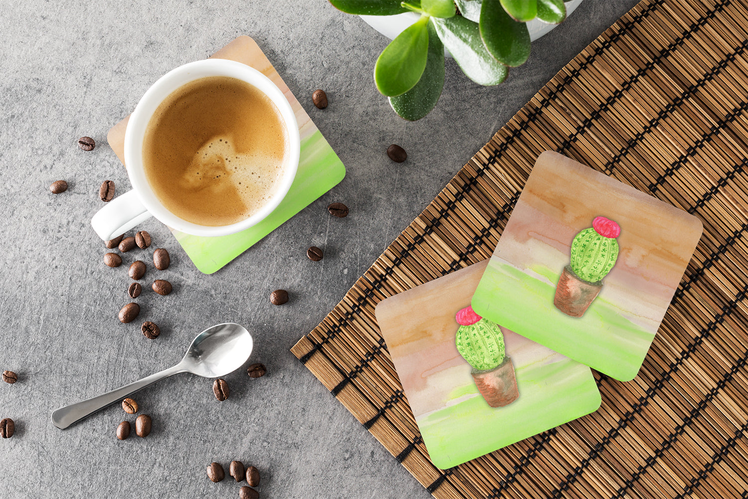 Cactus Green and Brown Watercolor Foam Coasters Set of 4 Cup Coasters for Indoor Outdoor, Tabletop Protection, Anti Slip, Mouse pad Material