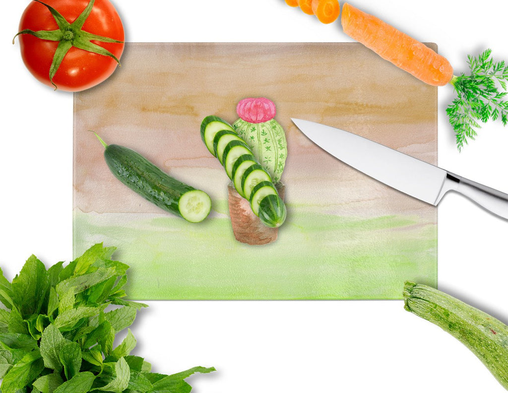 Cactus Green and Brown Watercolor Cutting Board Tempered Glass Kitchen Cutting Surface, Heat Resistant Chopping, Non-Slip Feet, Food Prep & Serving