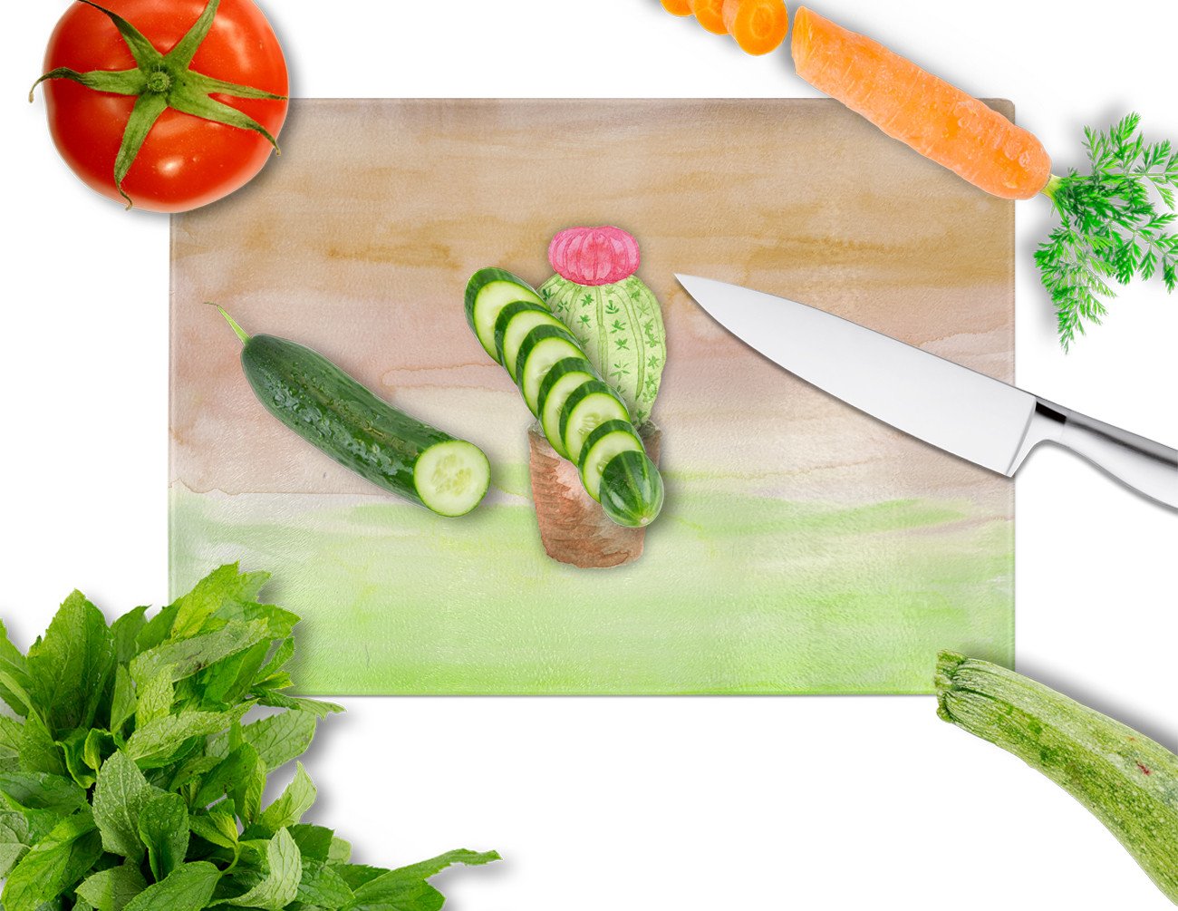 Cactus Green and Brown Watercolor Cutting Board Tempered Glass Kitchen Cutting Surface, Heat Resistant Chopping, Non-Slip Feet, Food Prep & Serving