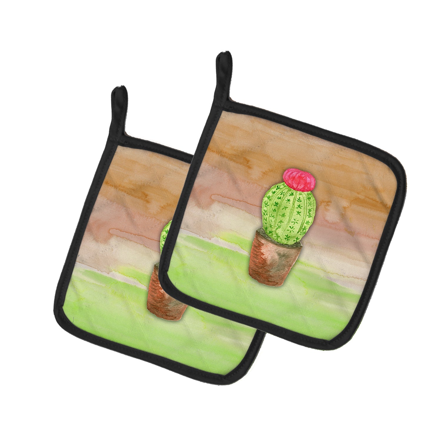 Cactus Green and Brown Watercolor Pot Holder Set of 2 Heat Resistant Quilted Hot Pads 7.5 x 7.5 Inch, Insulated Kitchen Trivets for Cooking & Baking