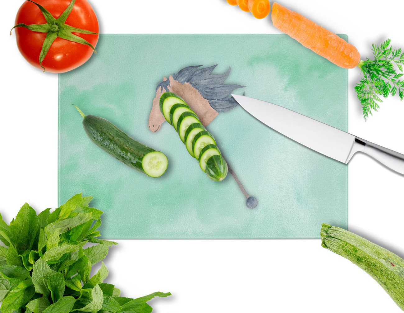 Stick Horse Watercolor Cutting Board Tempered Glass Kitchen Cutting Surface, Heat Resistant Chopping, Non-Slip Feet, Food Prep & Serving