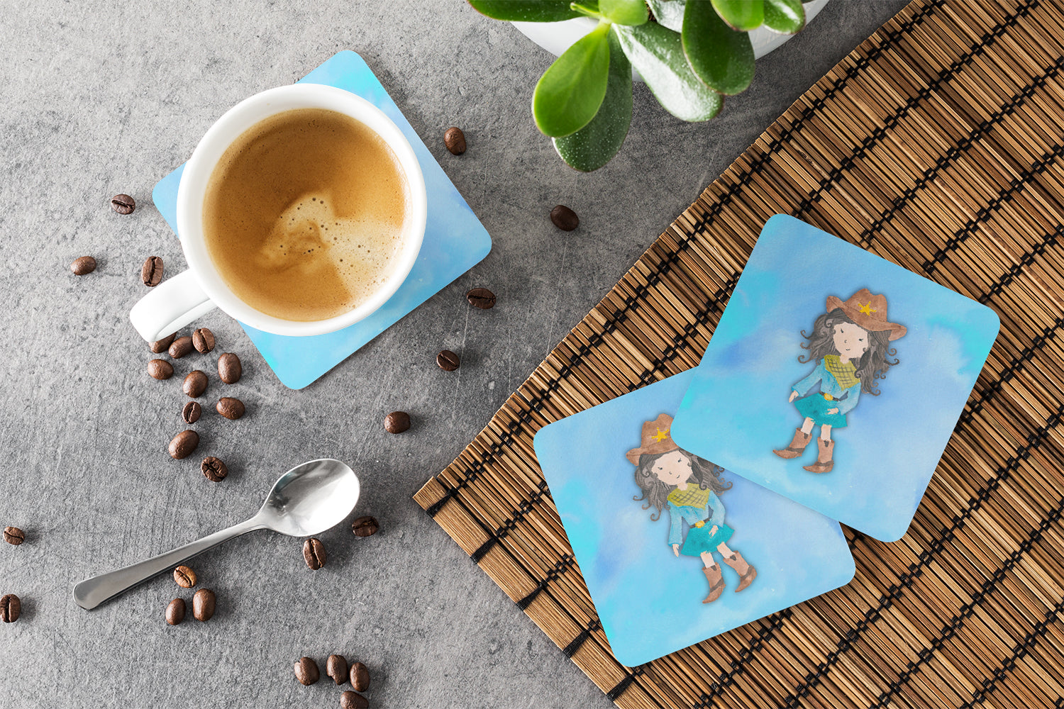 Cowgirl Watercolor Foam Coasters Set of 4 Cup Coasters for Indoor Outdoor, Tabletop Protection, Anti Slip, Mouse pad Material