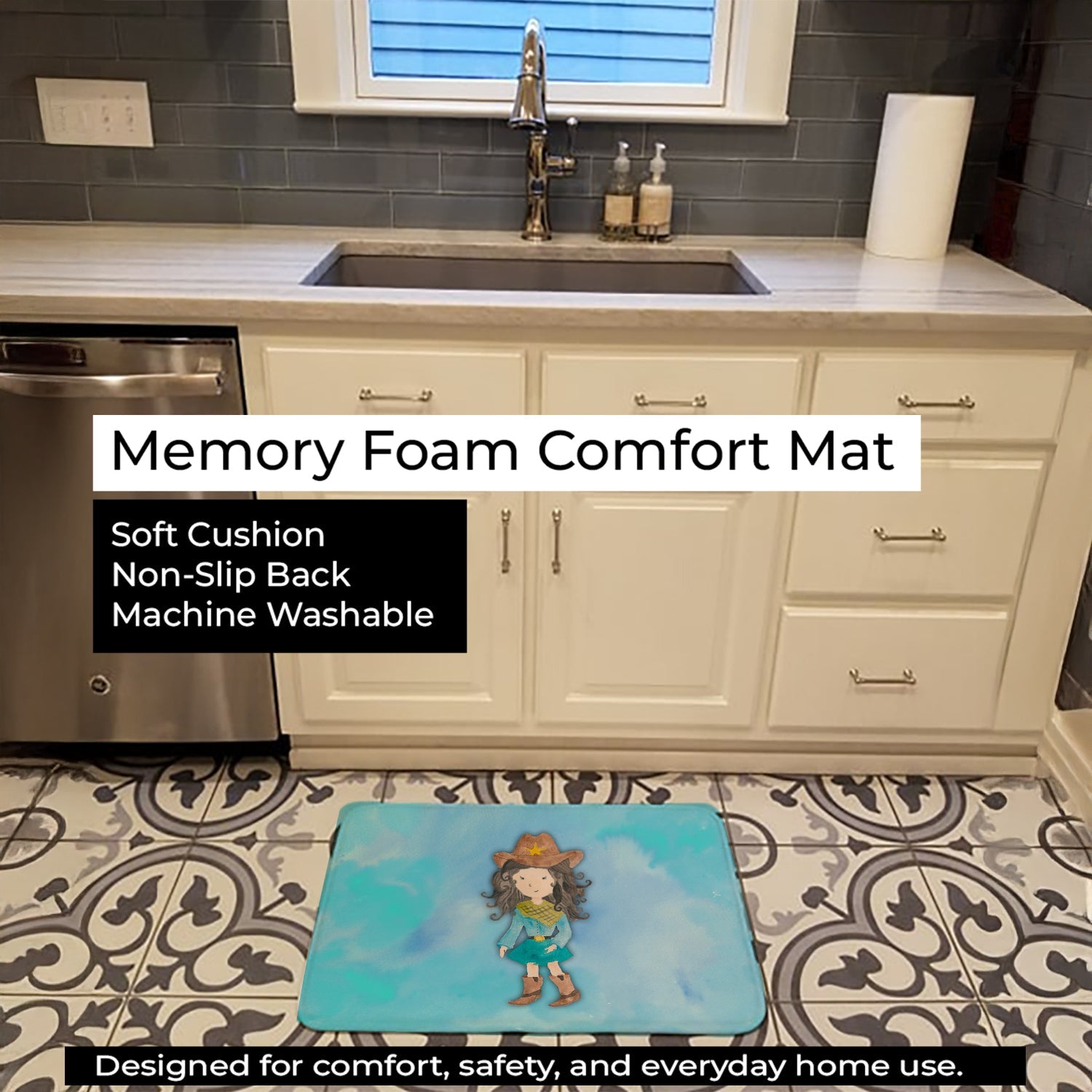 Cowgirl Watercolor Memory Foam Kitchen Mat Machine Washable Anti-Fatigue Cushion Comfort Bath or Kitchen Rug