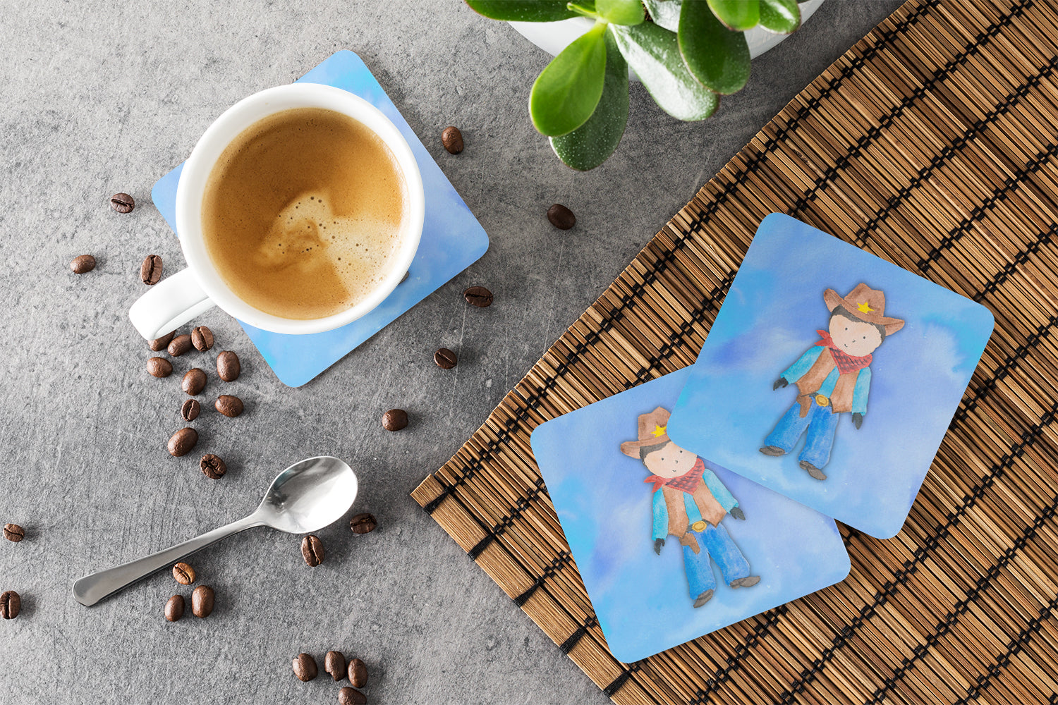 Cowboy Watercolor Foam Coasters Set of 4 Cup Coasters for Indoor Outdoor, Tabletop Protection, Anti Slip, Mouse pad Material