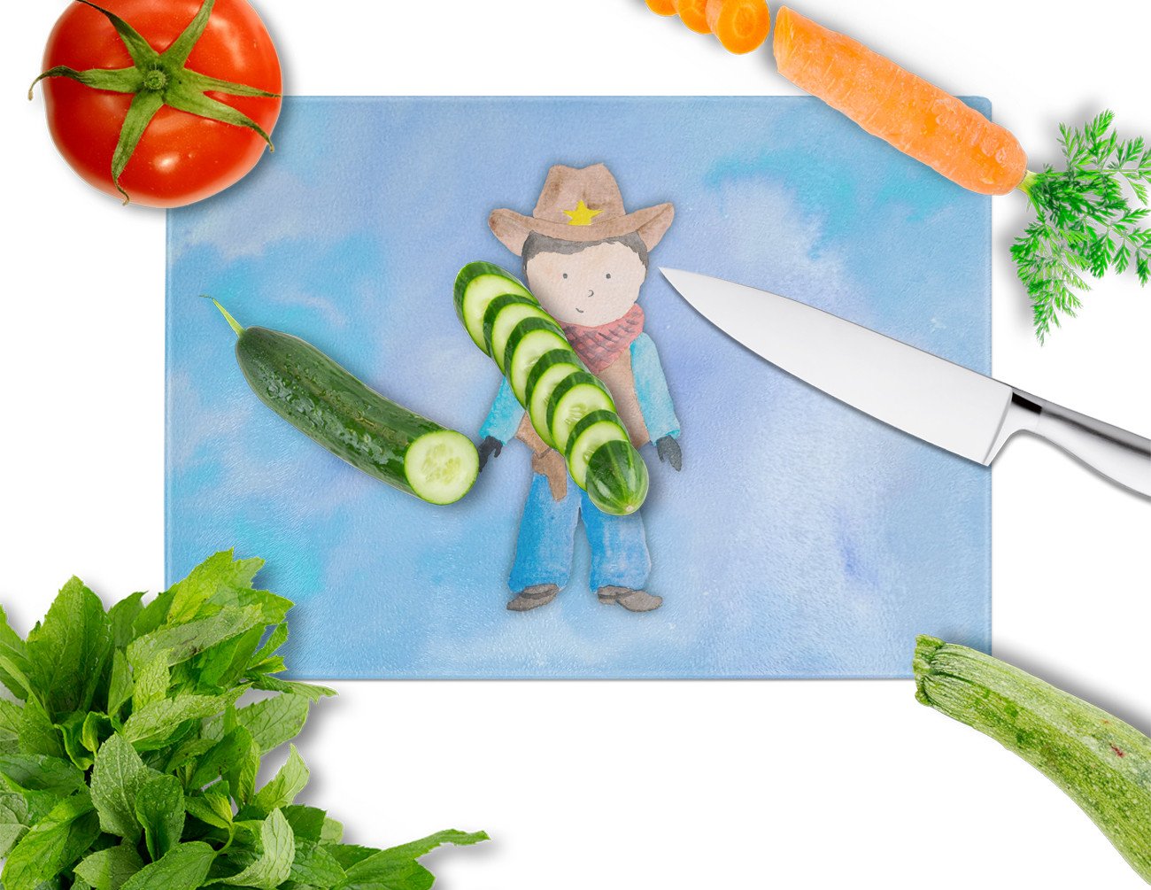 Cowboy Watercolor Cutting Board Tempered Glass Kitchen Cutting Surface, Heat Resistant Chopping, Non-Slip Feet, Food Prep & Serving