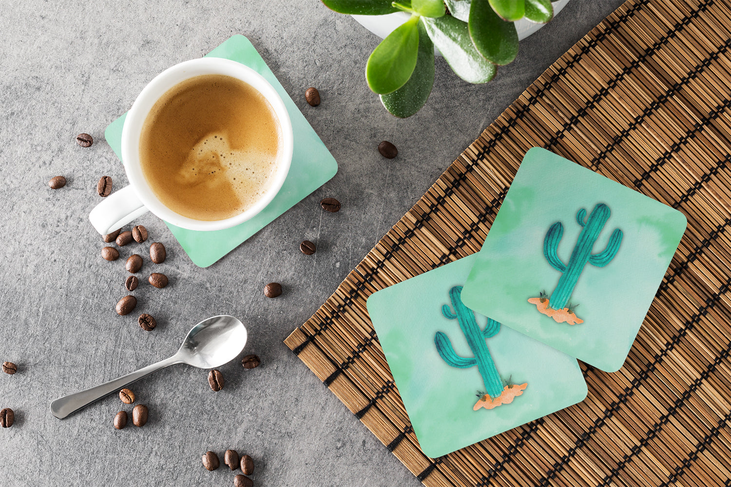 Western Cactus Watercolor Foam Coasters Set of 4 Cup Coasters for Indoor Outdoor, Tabletop Protection, Anti Slip, Mouse pad Material