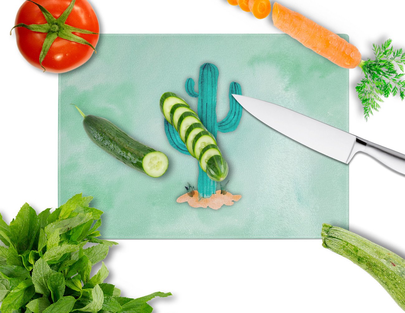 Western Cactus Watercolor Cutting Board Tempered Glass Kitchen Cutting Surface, Heat Resistant Chopping, Non-Slip Feet, Food Prep & Serving