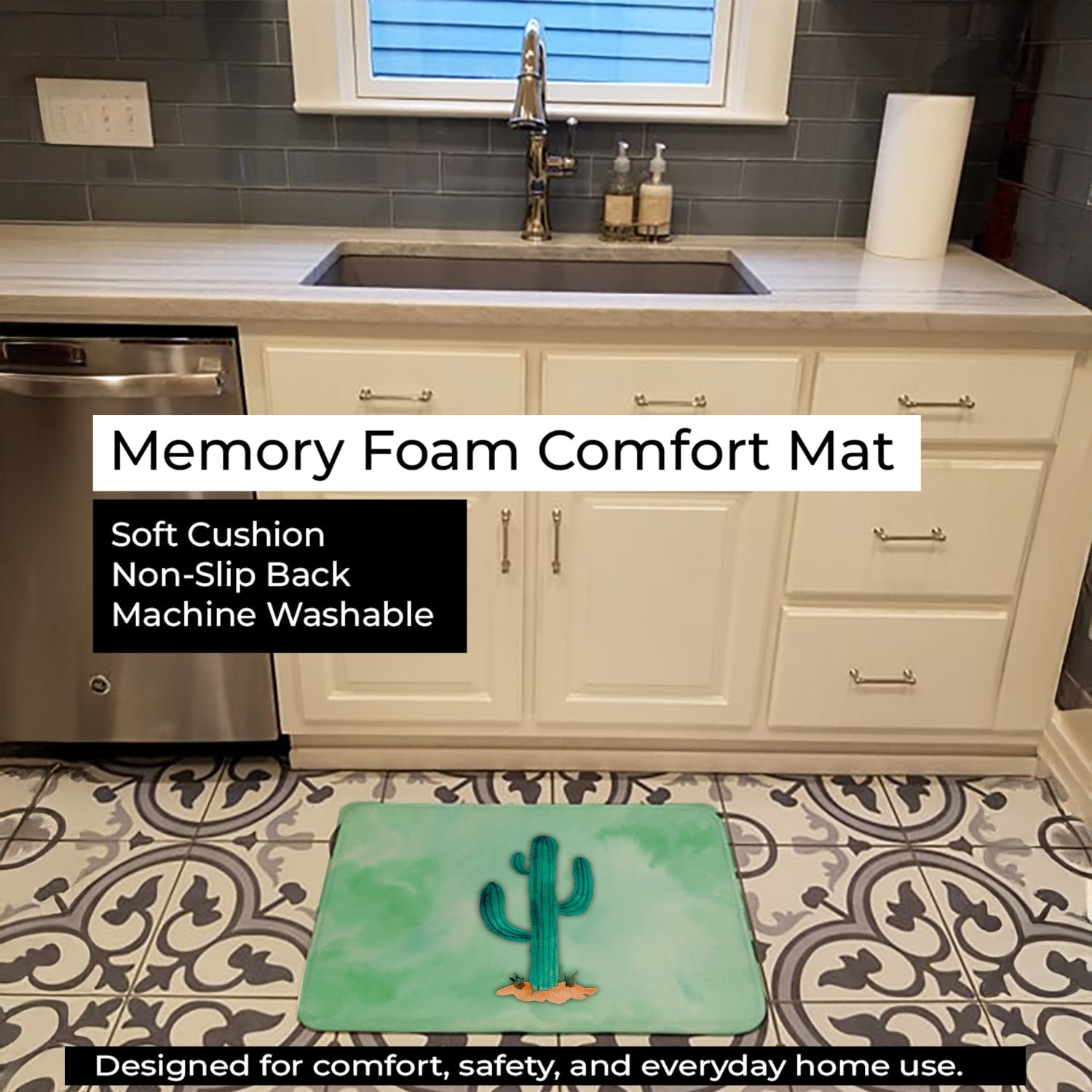 Western Cactus Watercolor Memory Foam Kitchen Mat Machine Washable Anti-Fatigue Cushion Comfort Bath or Kitchen Rug