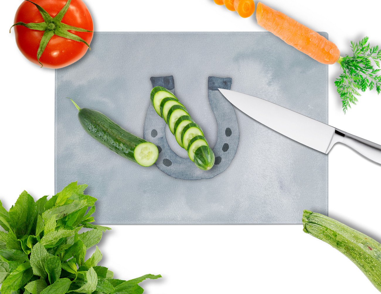 Horseshoe Watercolor Cutting Board Tempered Glass Kitchen Cutting Surface, Heat Resistant Chopping, Non-Slip Feet, Food Prep & Serving