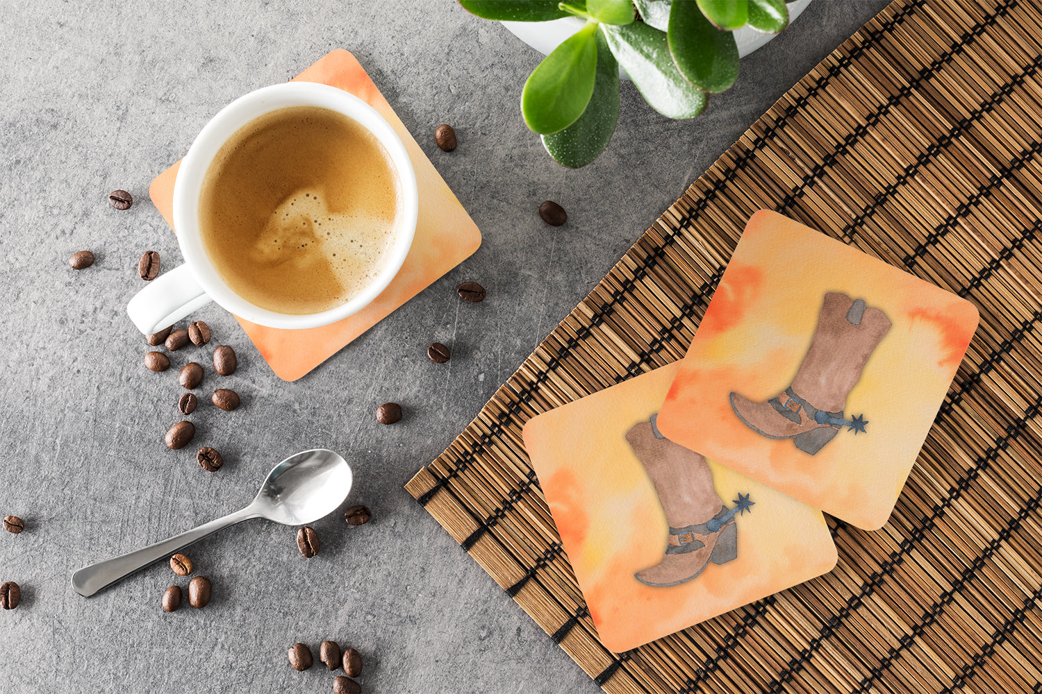 Cowboy Boot Watercolor Foam Coasters Set of 4 Cup Coasters for Indoor Outdoor, Tabletop Protection, Anti Slip, Mouse pad Material