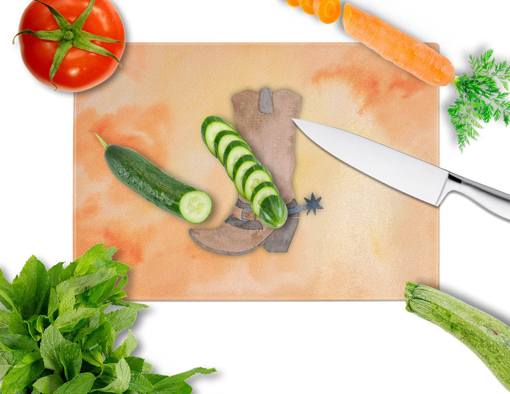 Cowboy Boot Watercolor Cutting Board Tempered Glass Kitchen Cutting Surface, Heat Resistant Chopping, Non-Slip Feet, Food Prep & Serving
