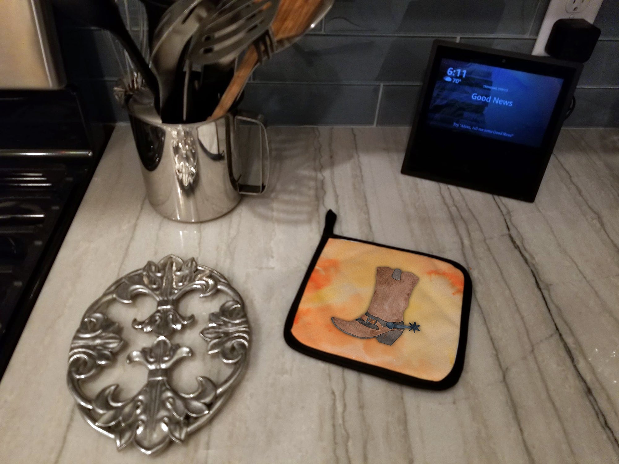 Cowboy Boot Watercolor Pot Holder Set of 2 Heat Resistant Quilted Hot Pads 7.5 x 7.5 Inch, Insulated Kitchen Trivets for Cooking & Baking