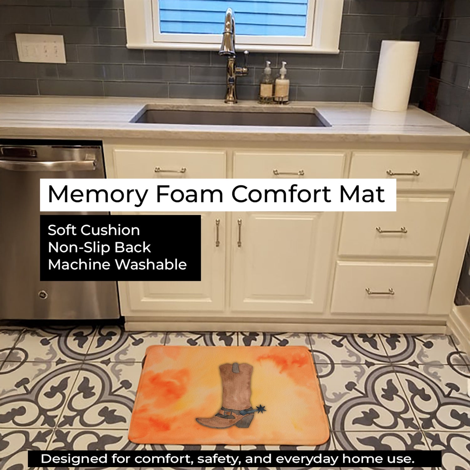 Cowboy Boot Watercolor Memory Foam Kitchen Mat Machine Washable Anti-Fatigue Cushion Comfort Bath or Kitchen Rug