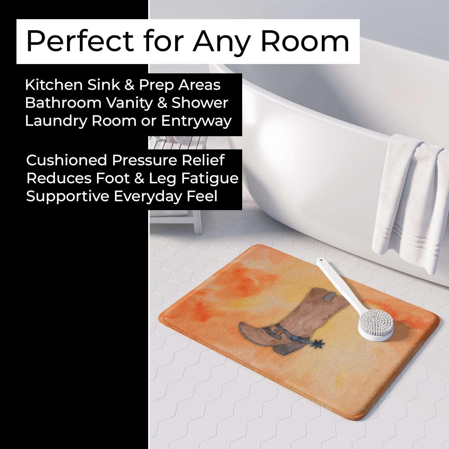 Cowboy Boot Watercolor Memory Foam Kitchen Mat Machine Washable Anti-Fatigue Cushion Comfort Bath or Kitchen Rug